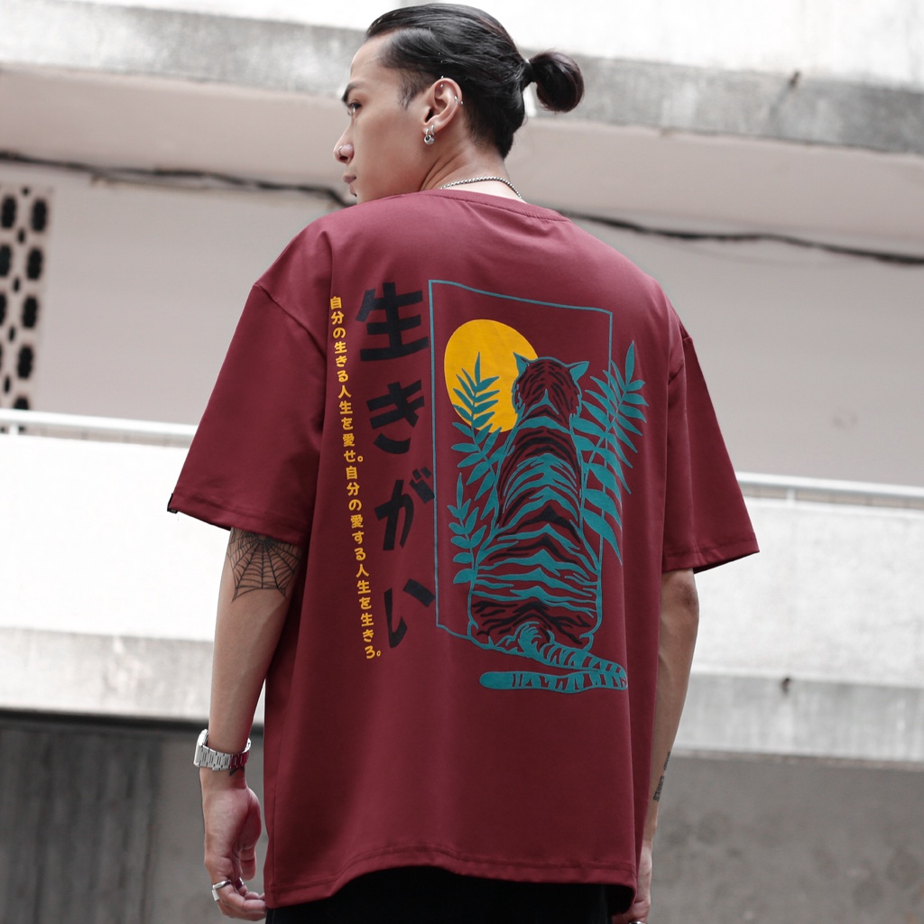 Áo Thun Con Hổ Họa Tiết Nhật Bản Đỏ Đô Hình In Sắc Nét Chất Liệu 100% Cotton Form Rộng Thoải Mái Unisex Nam Nữ