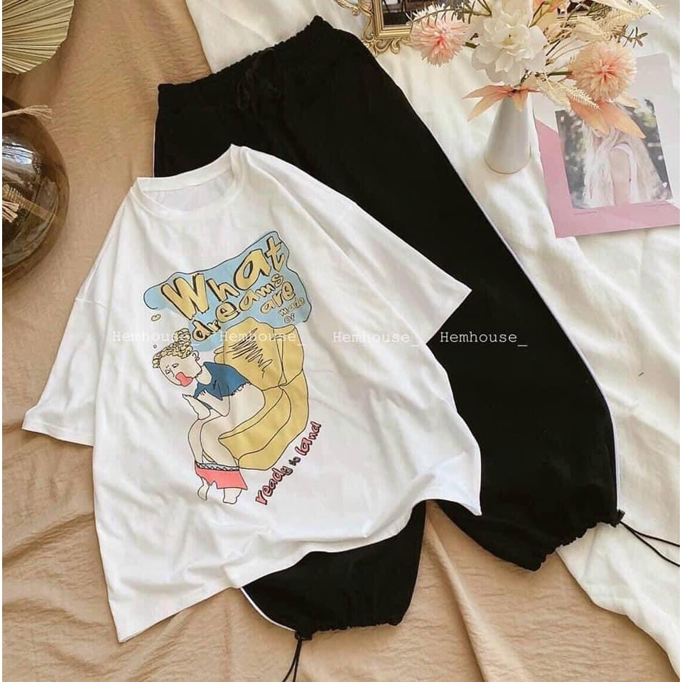 Set bộ áo thun WHAT DREAM form rộng tay lỡ phối quần suông jogger dây rút gấu/ Bộ quần áo nữ mùa hè thời trang unisex | BigBuy360 - bigbuy360.vn