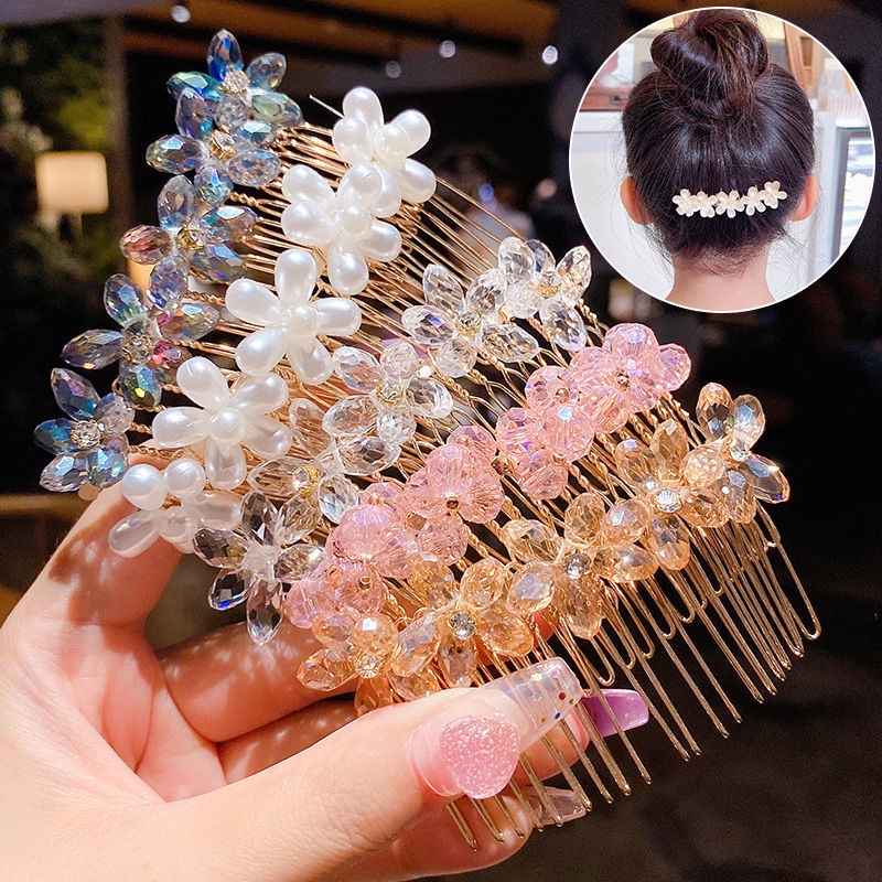 Lược cài tóc hình bông hoa đính ngọc trai giả/pha lê phong cách Hàn Quốc thời trang cho nữ