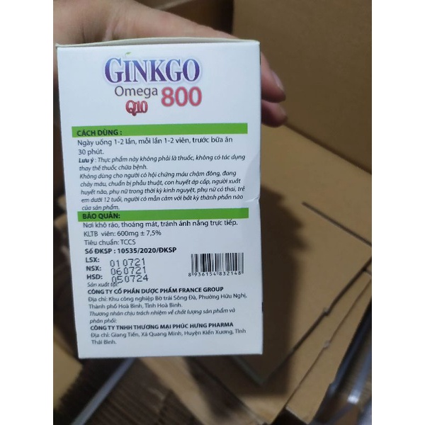 Hoạt huyết dưỡng não Ginkgo Omega 800 Q10 Giúp hoạt huyết, tăng cường lưu thông máu, giảm đau đầu chóng mặt