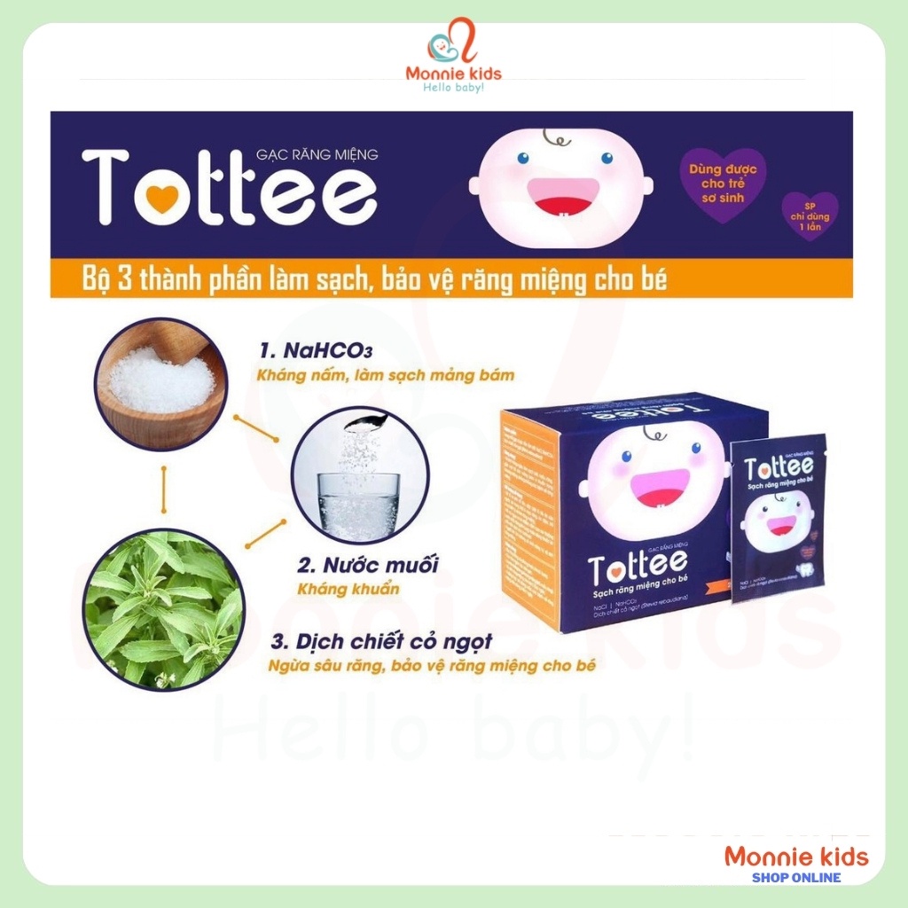 Rơ lưỡi cho bé TOTTEE hộp 30 gói, gạc rơ lưỡi vệ sinh răng miệng - Monnie Kids