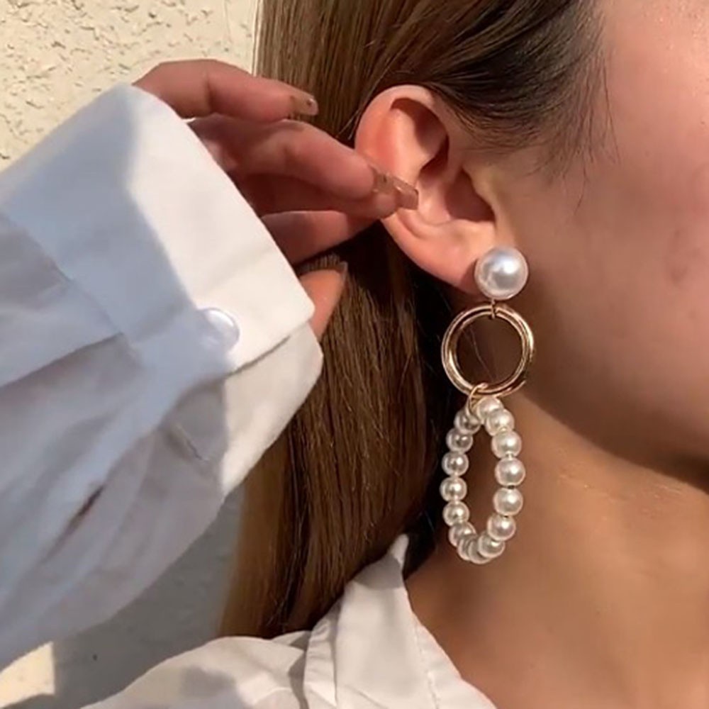 DOREEN Gifts Dangle Earrings Fashion Ear Jewelry Pearl Hoop Earrings Double Rings Women Girls Korean Geometric Street Style Simple Hammered Ring Earrings/Multicolor