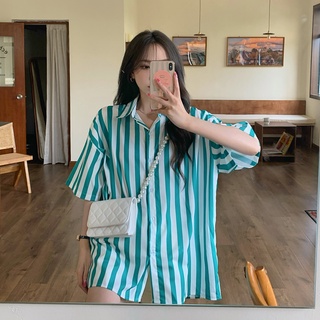 Áo Sơ Mi Nữ Tay Ngắn Kẻ Sọc Phong Cách Hàn Quốc
