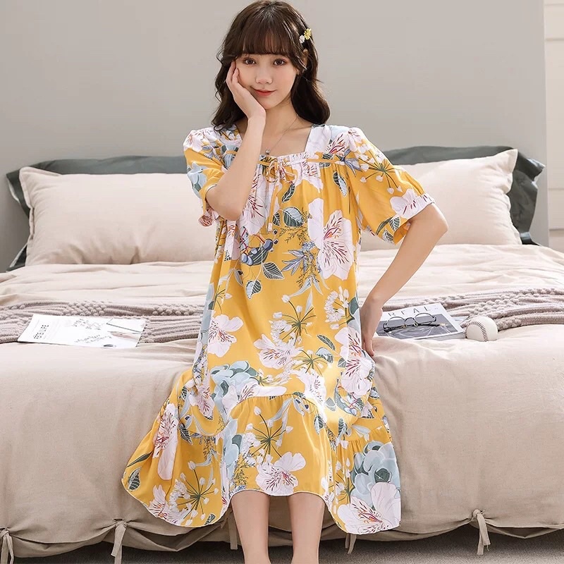 (Mới) Đầm ngủ, đầm lanh lụa freesize rộng siêu mềm mát, hoạ tiết trẻ trung