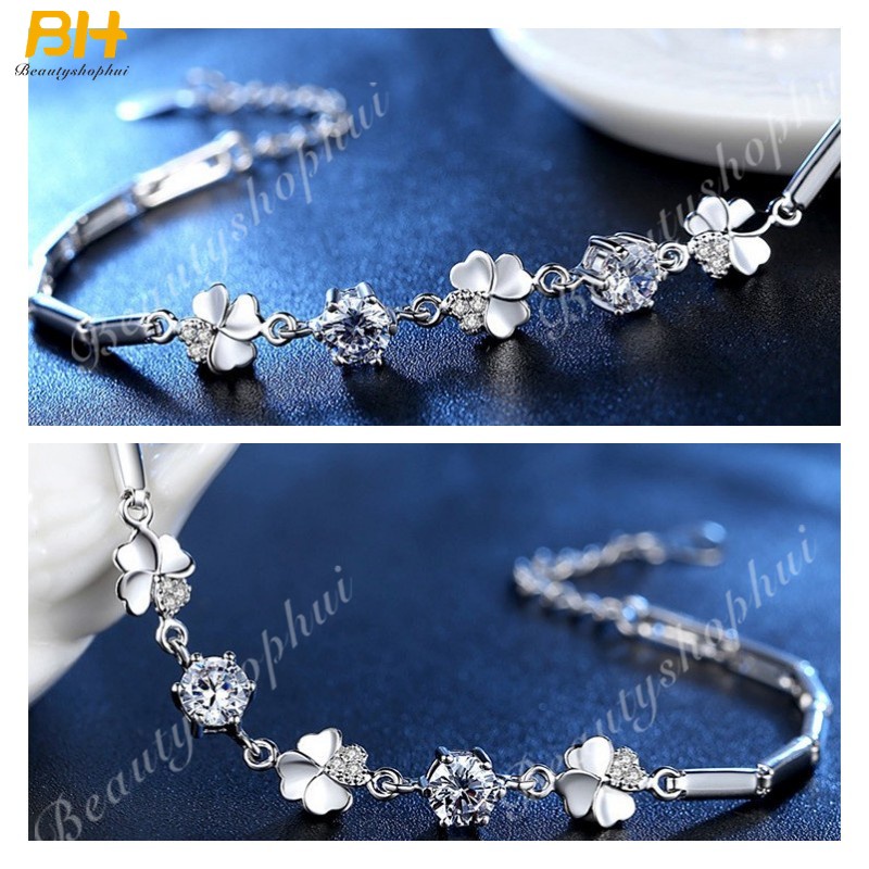 Vòng Đeo Tay Bạc 925 Hình Cỏ Bốn Lá Đính Đá Zircon Phong Cách Nhật Hàn Cho Nữ
