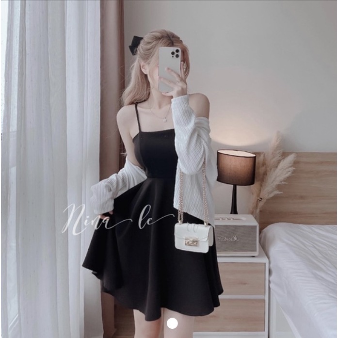 Đầm 2 dây dán xòe kèm áo khoát trắng 50kg đến 100kg Bigsize (Kim Ngân)(M/L/XL/XXL)