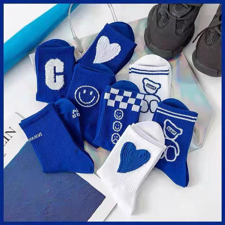 Tất Vớ Dài Cổ Cao Nam Nữ Họa Tiết Thêu Dệt Màu Blue cotton thấm hút, giá siêu rẻ mềm