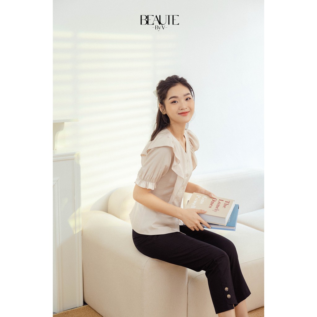 BEAUTEBYV - Quần nữ dáng côn so le gấu đính khuy trang trí Soy