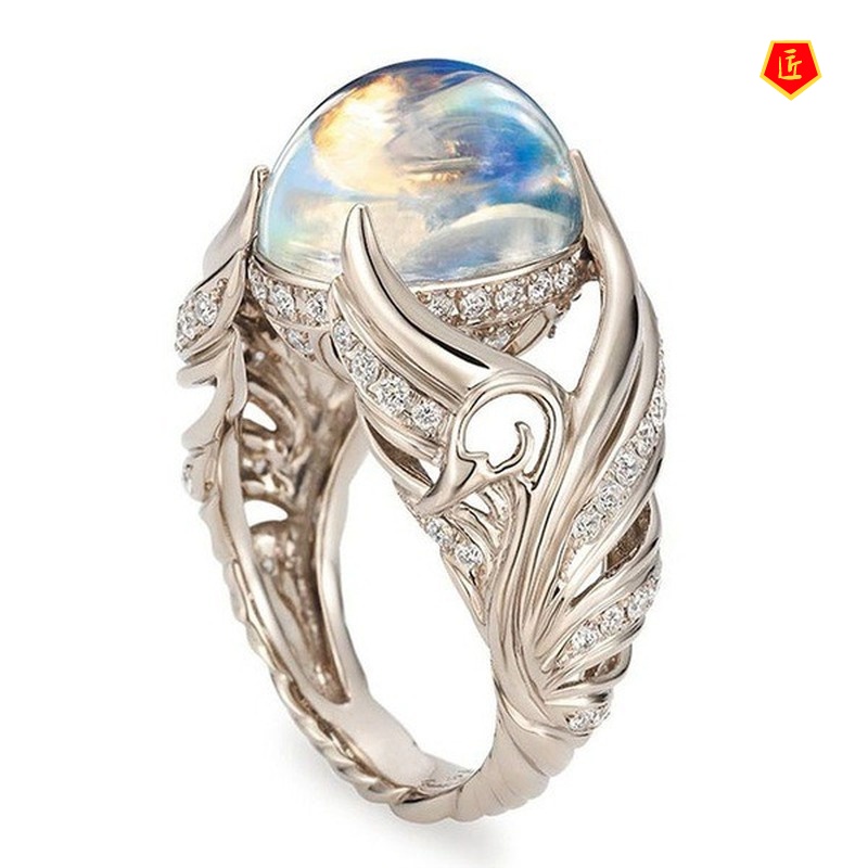 Nhẫn đính đá mặt trăng trang trí hình cánh thiên thần thời trang
