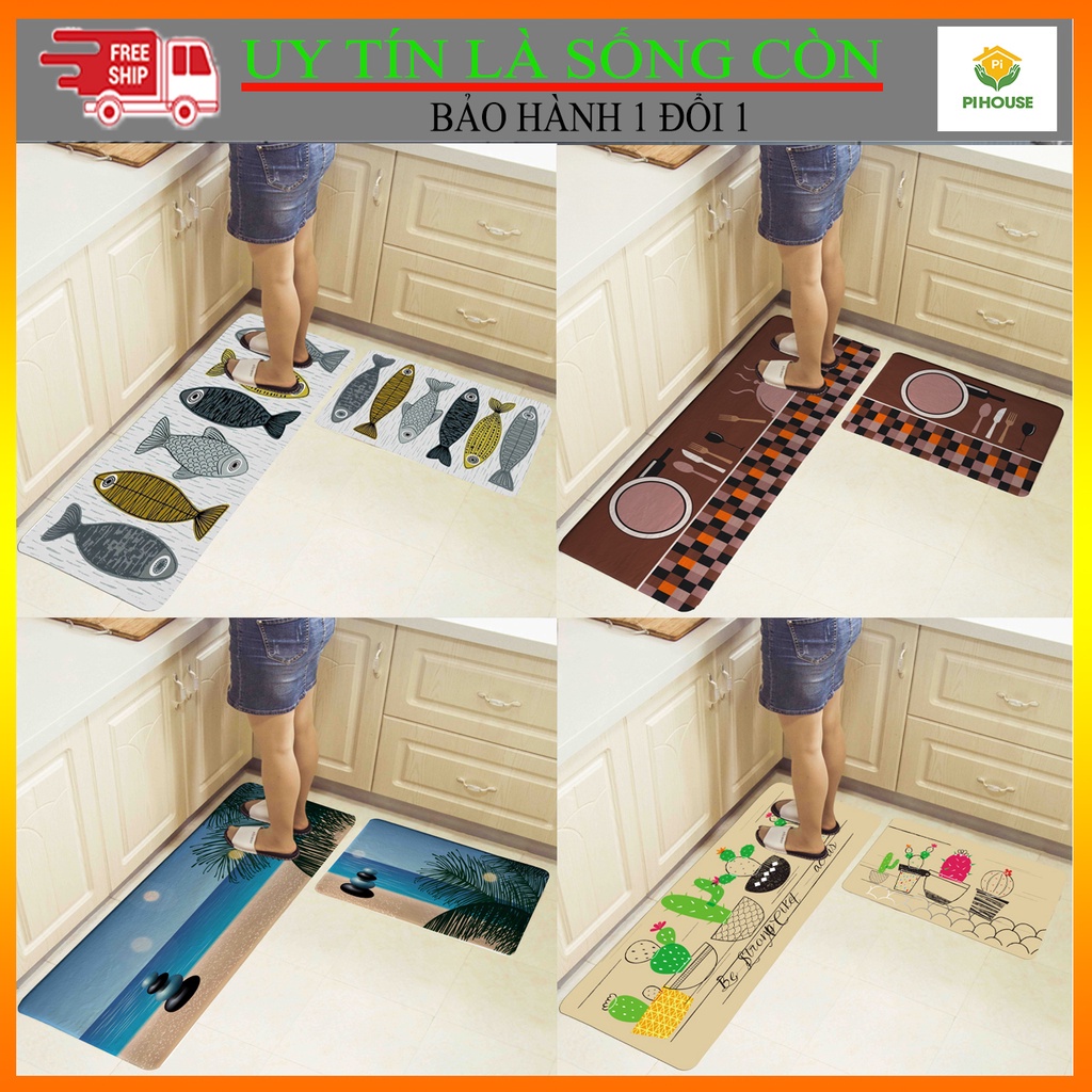 Set thảm bếp, thảm trải sàn 3d chống trơn trượt, hoa văn độc đáo gồm tấm lớn 40x120cm và bé 40x60cm
