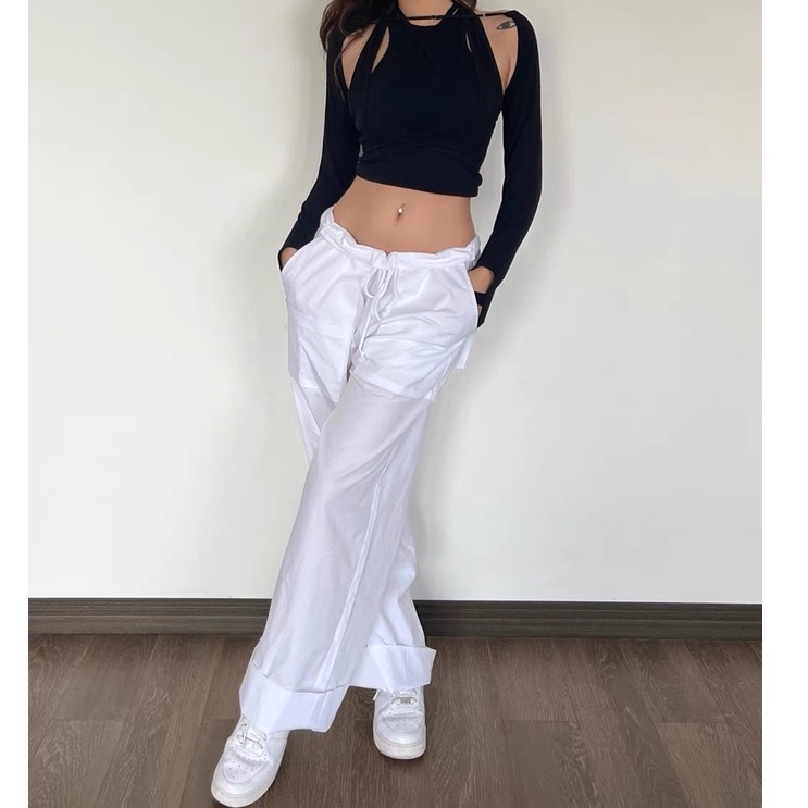 Quần Dài Ống Rộng Lưng Thấp Phối Dây Rút Phong Cách Cổ Điển Thời Trang Đường Phố Cho Nữ Y2K