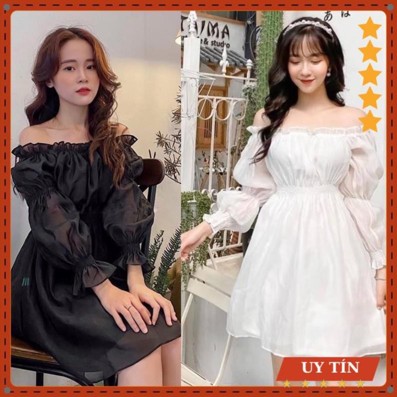 Đầm xoè voan bẹt vai nhún thun xinh xắn 2 màu Eva_home_fashion