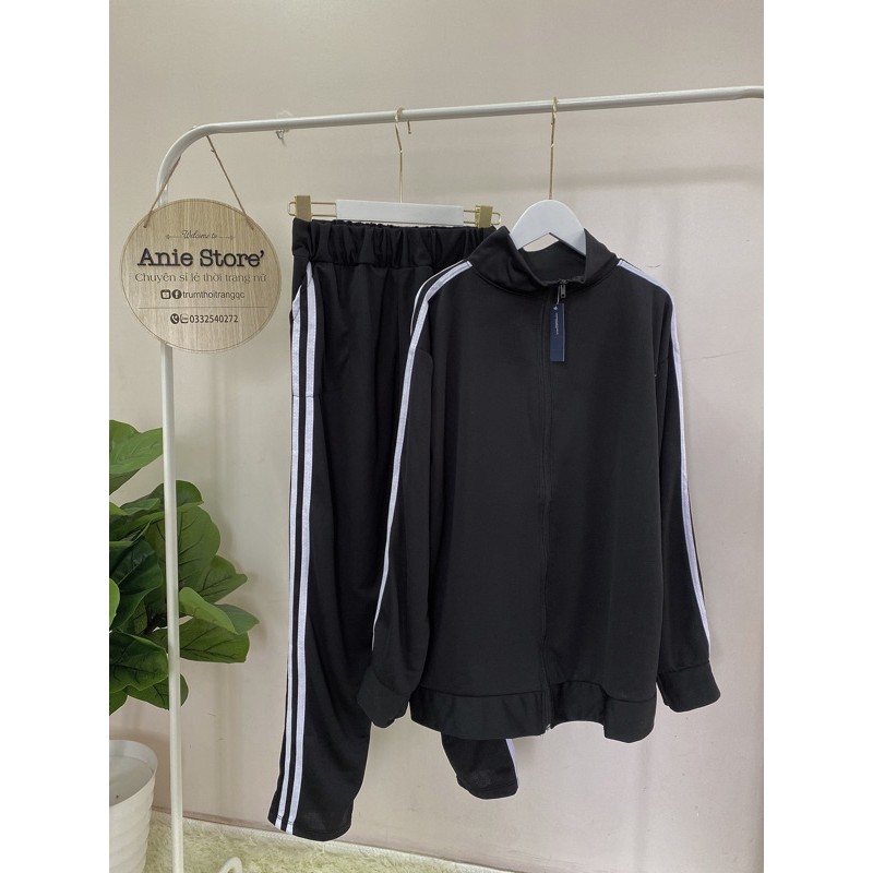 Bộ Nỉ Kẻ Sọc Thể Thao Đen Unisex 🦋 Set Đồ Dài Tay Dáng Rộng Nam Nữ 🦋