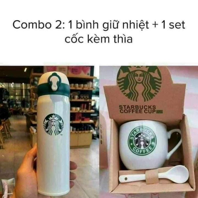 Set bình giữ nhiệt Starbuck, cốc sứ kèm thìa, inox 304 giữ nhiệt tới 12h