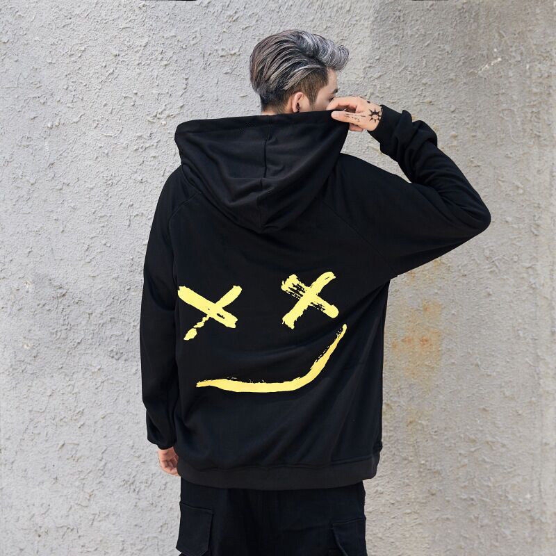 Áo hoodie dáng rộng in hình mặt cười cho nam