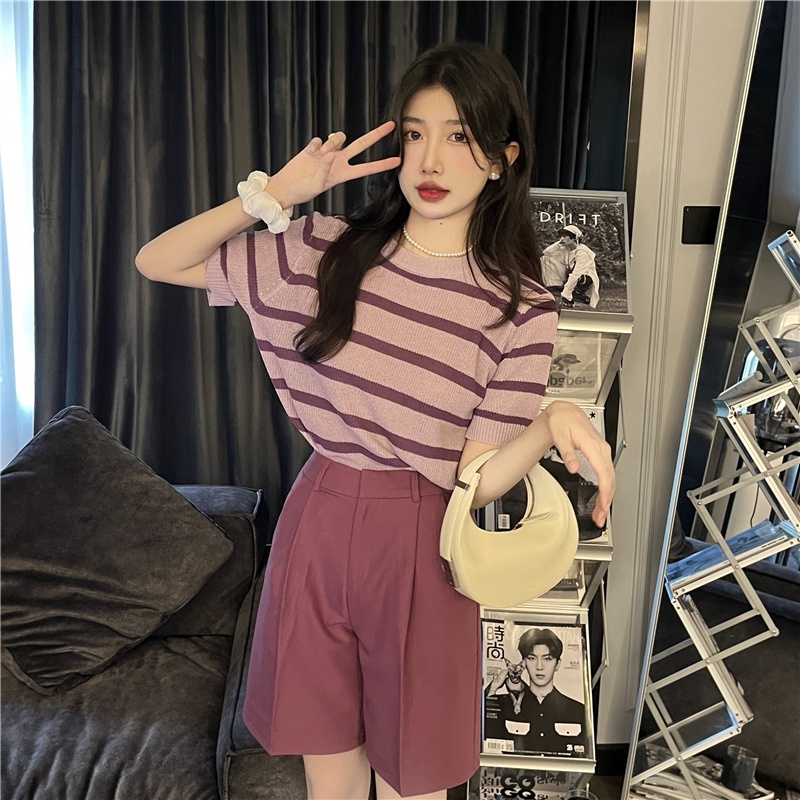 Áo kiểu ZHELIHANGFEI dệt kim tay ngắn cổ tròn dáng rộng kẻ sọc ngang trẻ trung hợp thời trang