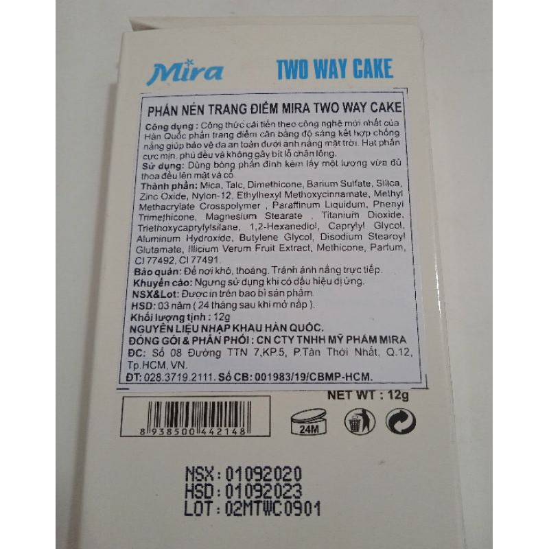 Phấn nén trang điểm MIRA TWO WAY CAKE SPF 34/PA+++ (12g) | BigBuy360 - bigbuy360.vn