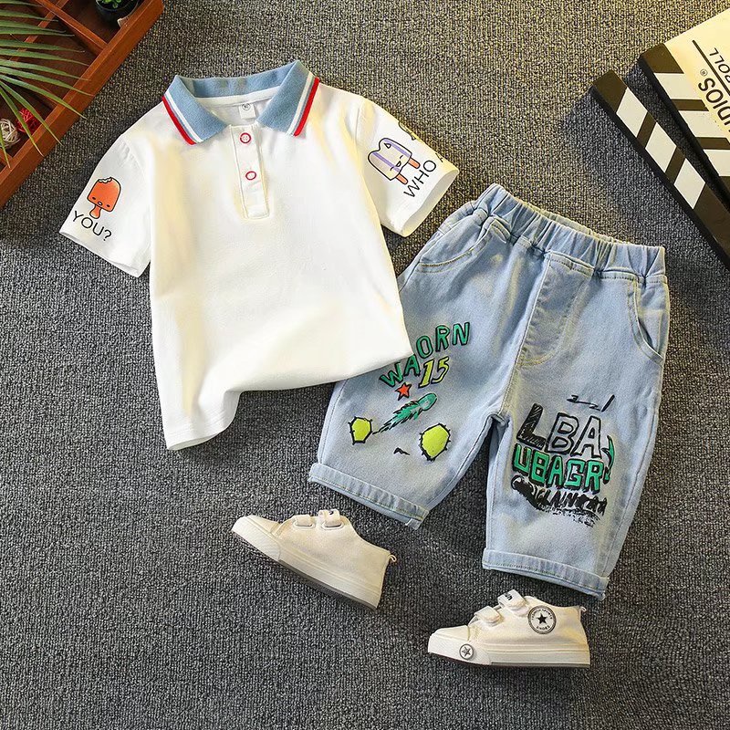 Bộ Áo Thun polo + Quần Short Denim Ngắn Tay Họa Tiết Hoạt Hình Thời Trang Mùa Hè 2022 Cho Bé Trai 3-15 Tuổi