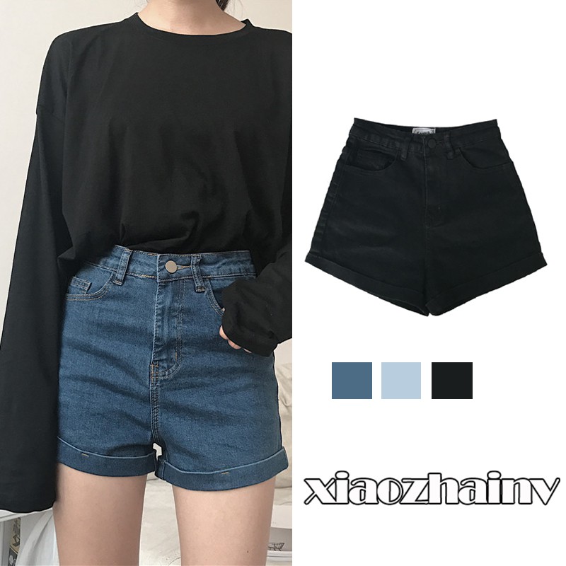 Xiaozhainv Quần short denim lưng cao co dãn kiểu dáng đơn giản hợp thời trang