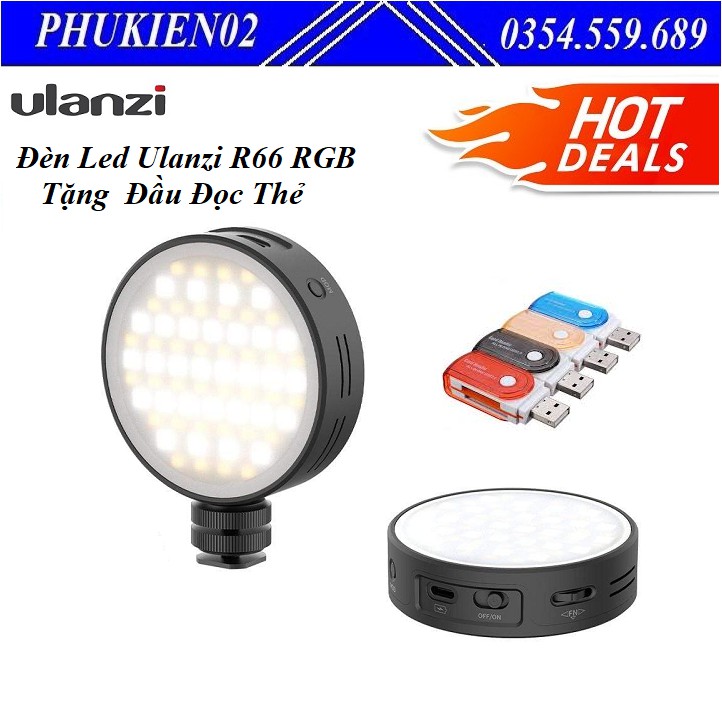 Đèn Led Ulanzi R66 RGB Trợ Sáng Tặng kèm Đầu Đọc Thẻ Đa Năng Nhỏ Gọn 4 in 1 - Hàng chính hãng