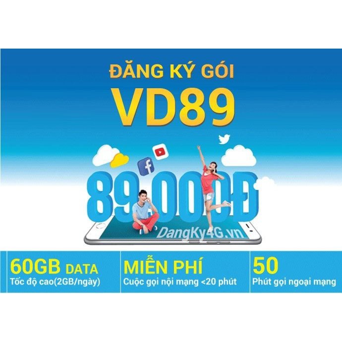 Sim Vina Vd89 Miễn Phí Tháng Đầu - 60gb, 1000 phút gọi nội mạng, 50 phút gọi ngoại mạng mỗi tháng - Có Bảo Hành