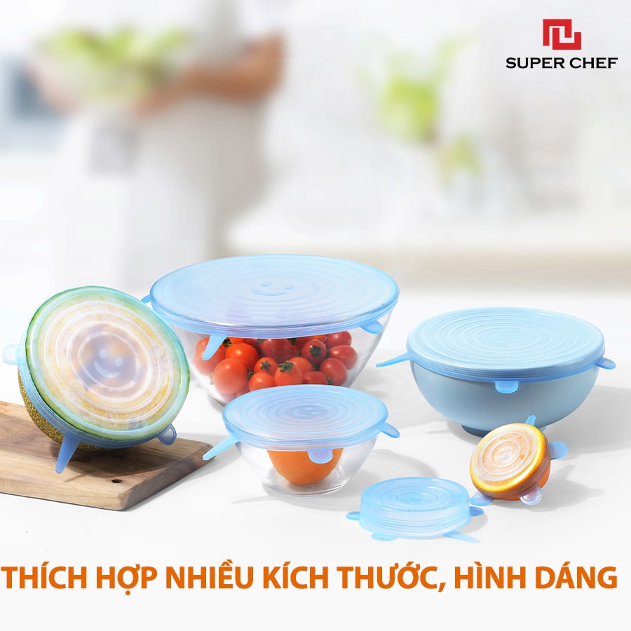 Bộ Nắp Silicon Super Chef Thay Thế Màng Bọc Thực Phẩm Siêu Tiện Lợi (6 cái/bộ)