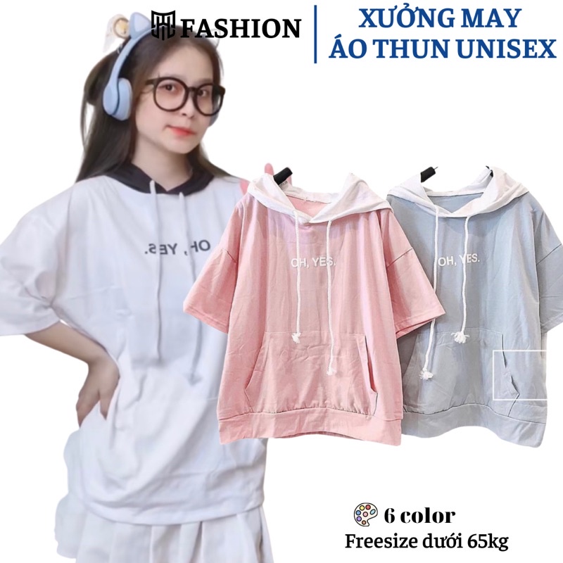 Áo thun tay lỡ form rộng áo phông Unisex có mũ OH YES có dây rút mũ tăng độ rộng