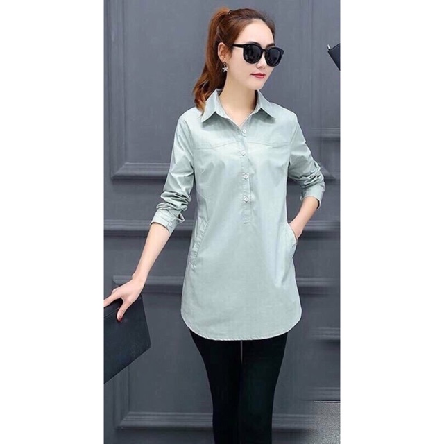 Áo sơ mi nữ form dài lai bầu phối túi size m l xl 2xl