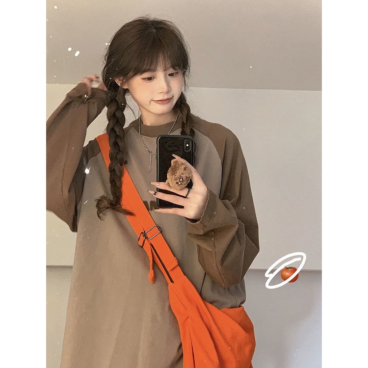 Áo Thun Tay Dài Cổ Tròn In Chữ Màu Sắc Tương Phản Phong Cách Retro Dành Cho Nữ