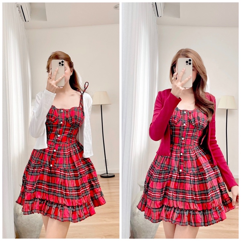 SET ĐẦM CARO XOÈ ÁO KHOÁC ĐỎ + TRẮNG