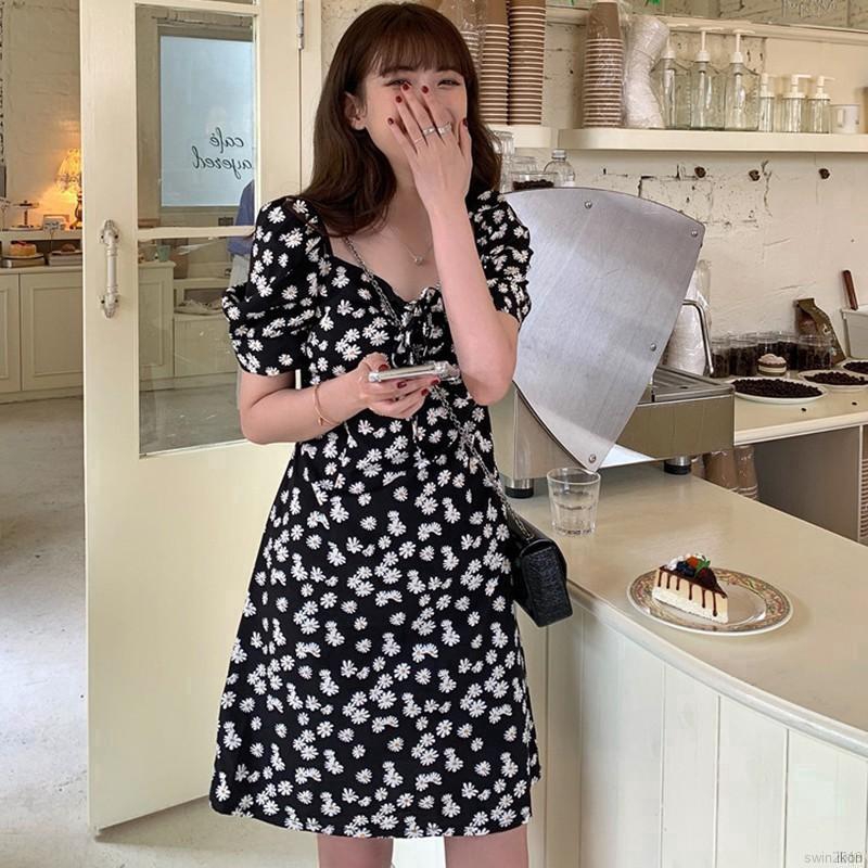 Đầm midi trễ vai họa tiết hoa cúc thời trang Hàn Quốc mùa hè