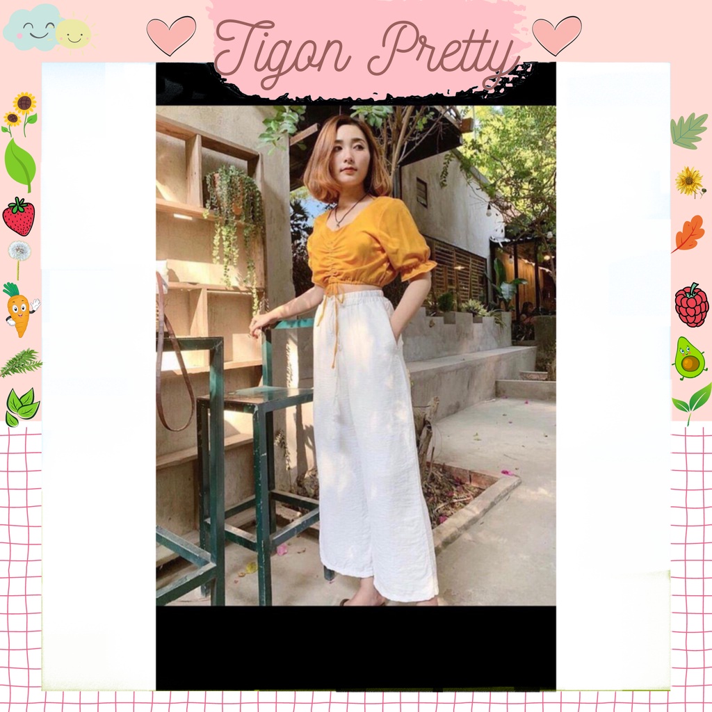 Set bộ áo croptop  tay phồng quần ống rộng suông dài xinh- Trễ vai