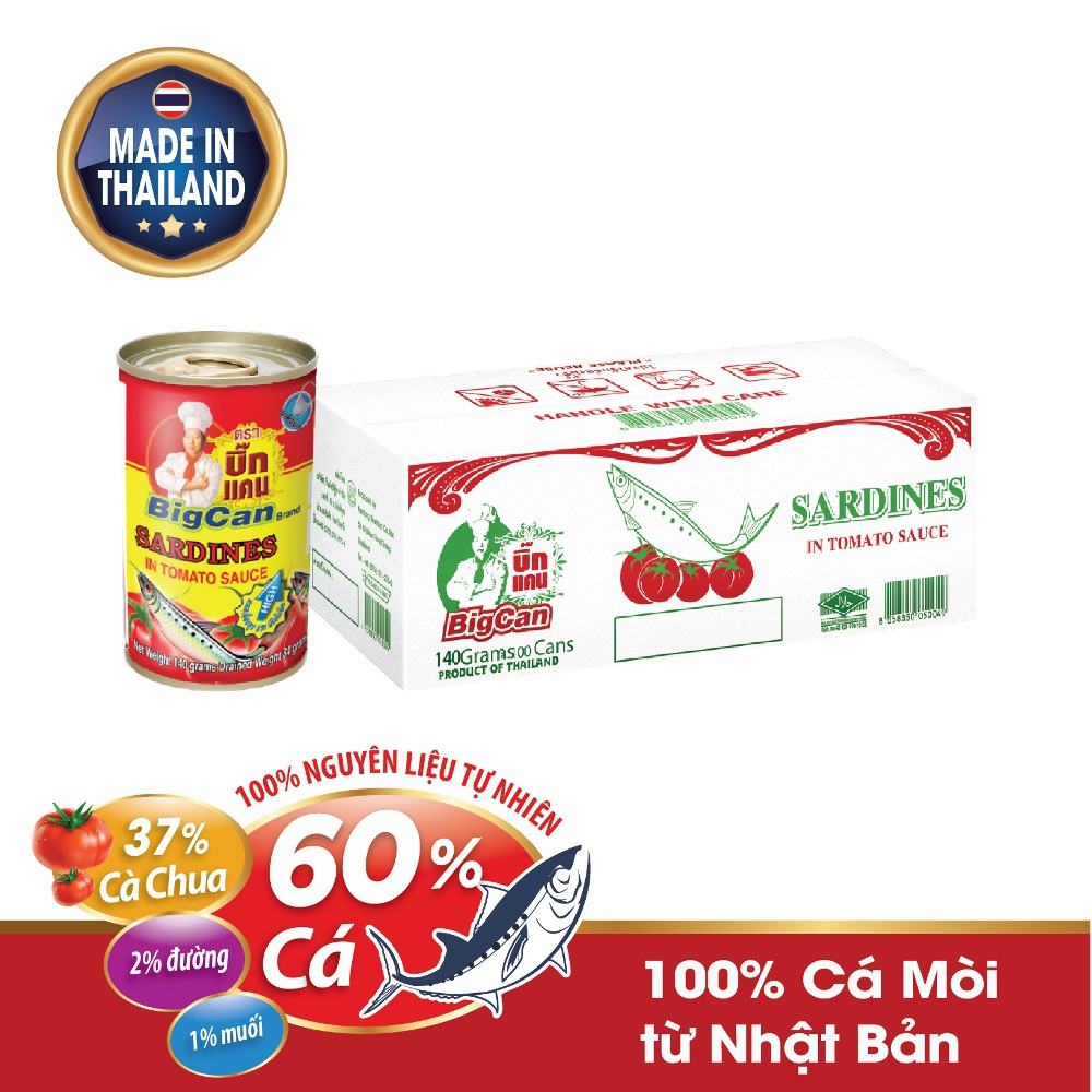 Thùng 100 hộp cá Mòi và cá Nục hộp sốt cà chua Bigcan 140g/ hộp, nhập khẩu Thái Lan