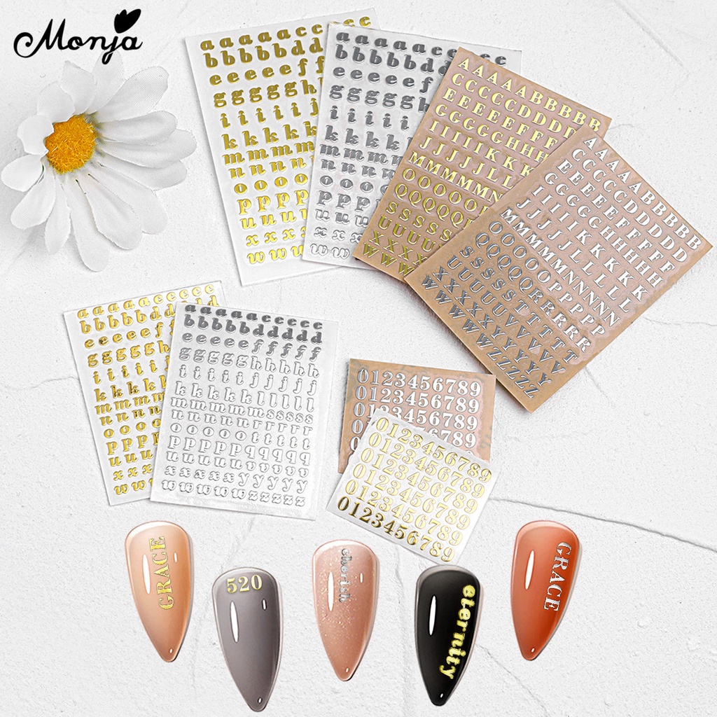 MONJA Miếng Dán Trang Trí Móng Tay Hình Chữ Cái Mini Màu Vàng / Bạc Thời Trang DIY
