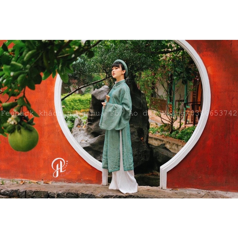 Áo tấc cổ phục Việt Nam, áo ngũ thân nữ, Việt phục xanh rêu có lót bên trong by AODAIHOANG
