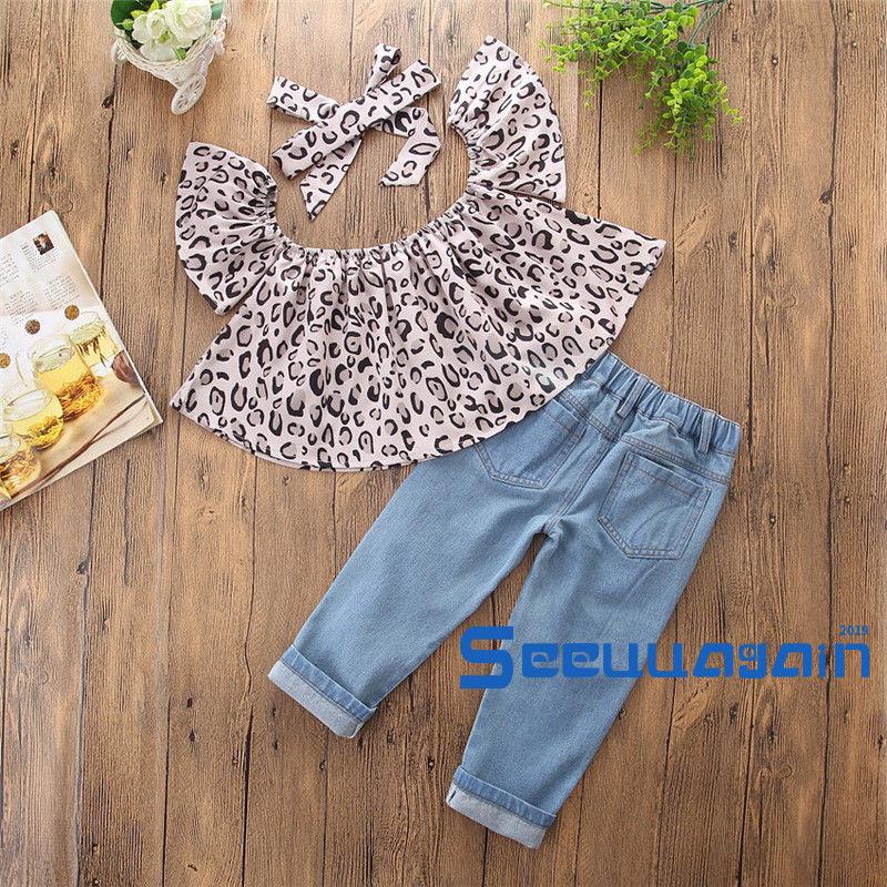 Set Áo Trễ Vai+Quần Jeans Dài+Băng Đô Chấm Bi Cho Bé Gái 2019