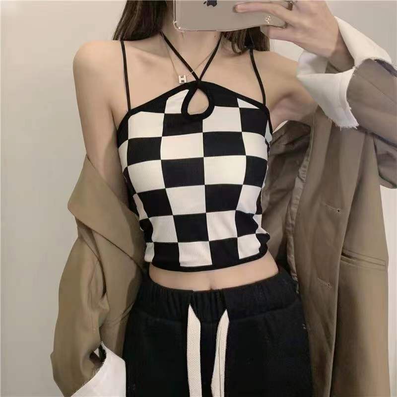 Áo hai dây hở lưng họa tiết kẻ ô 0613691