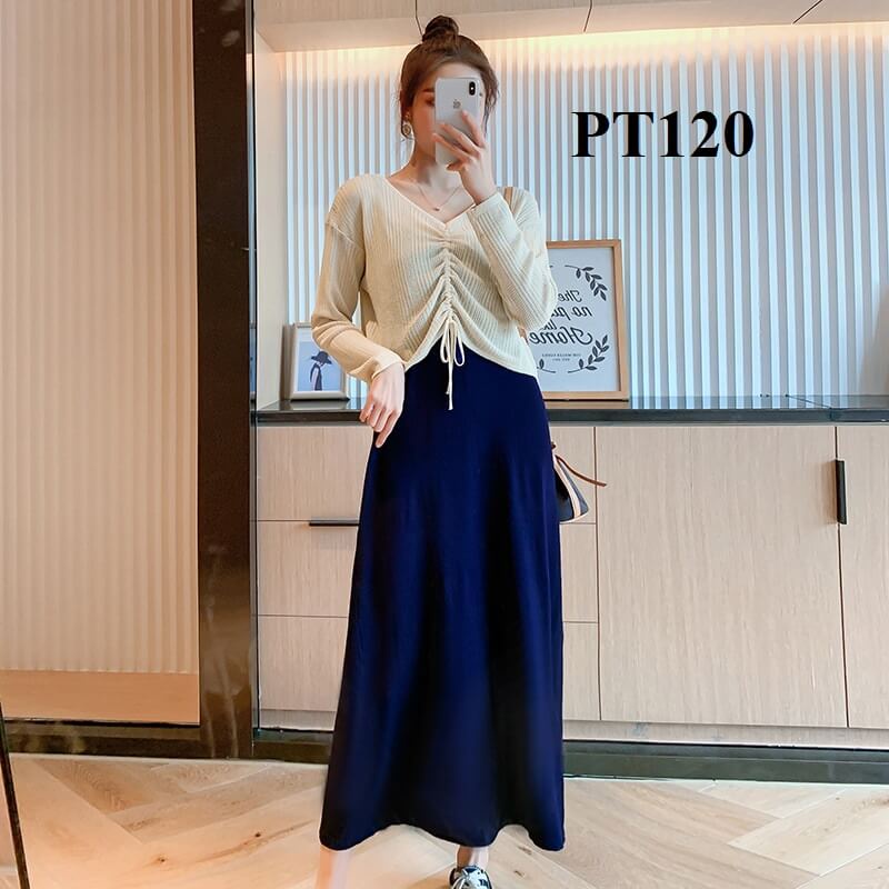 Set đầm bầu mùa thu siêu xinh áo len phối đầm thun gân dày dặn, form dài-PT120