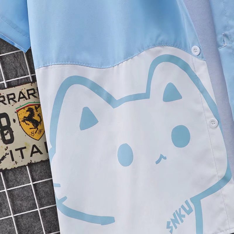 Thời Gian Thật Áo Sơ Mi Tay Ngắn Dáng Rộng In Hoạt Hình Vui Nhộn Phong Cách Hàn Quốc Thời Trang Thường Ngày Cho Nam