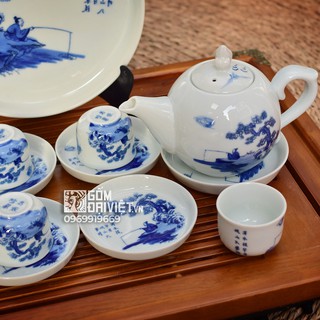 Bộ ấm chén Bát Tràng men lam cổ vẽ ông lão câu cá ấm chóp lửa