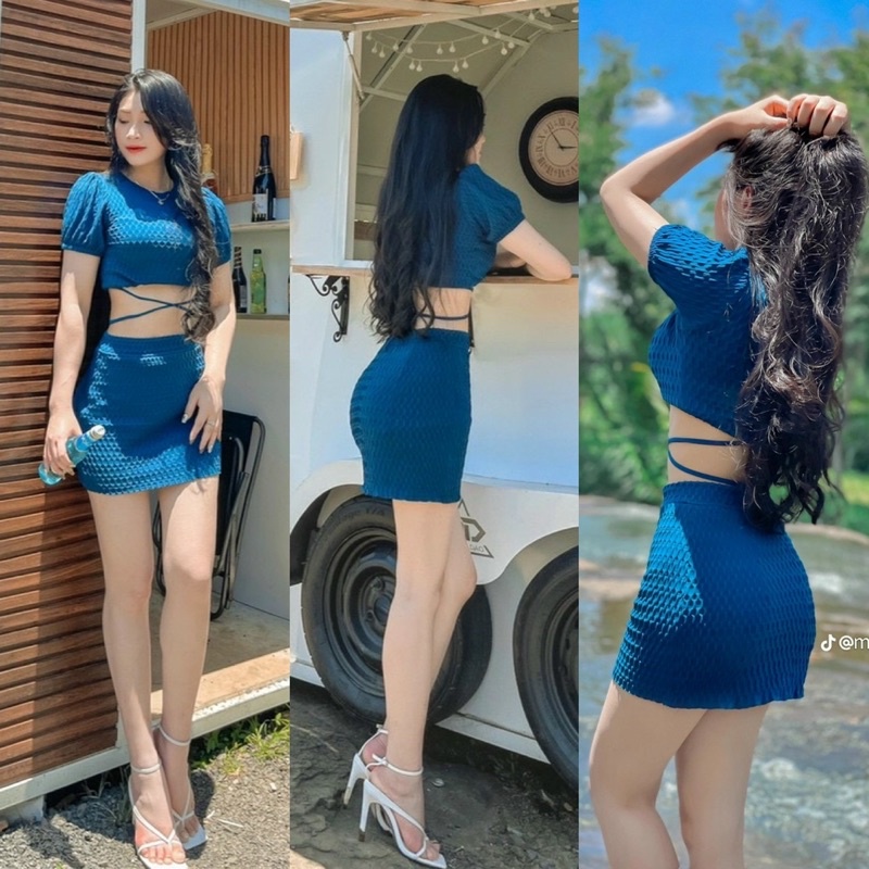 Set xốp xanh áo croptop tay ngắn + váy ngắn ôm body dây quấn thắt eo bụng, bộ thời trang nữ quyến rũ gợi cảm đi chơi
