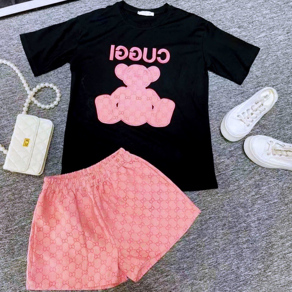Set Đồ Thời Trang Mùa Hè Gồm Áo Thun Thêu Hình Gấu + Quần Đùi Màu Hồng Cho Nữ 2021