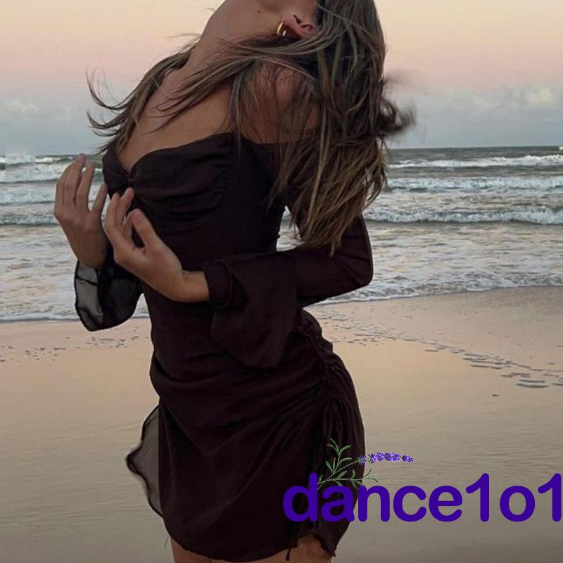 ✭QH★Women´s Solid Color Long Sleeve Drawstring Pleated Halter Neck Mini Dress