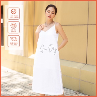 Hea Midi Dress - Đầm nữ 2 dây linen cổ tim có dây buộc nơ thắt eo
