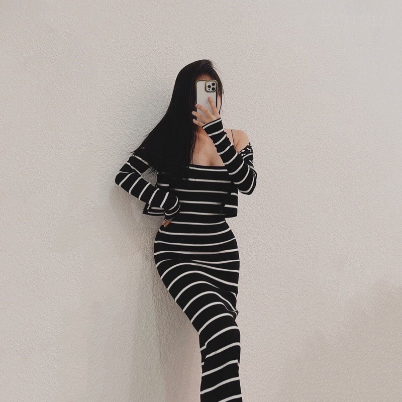 Set đầm body hai dây kẻ sọc kèm áo khoác chất thun gân + Clip ảnh thật