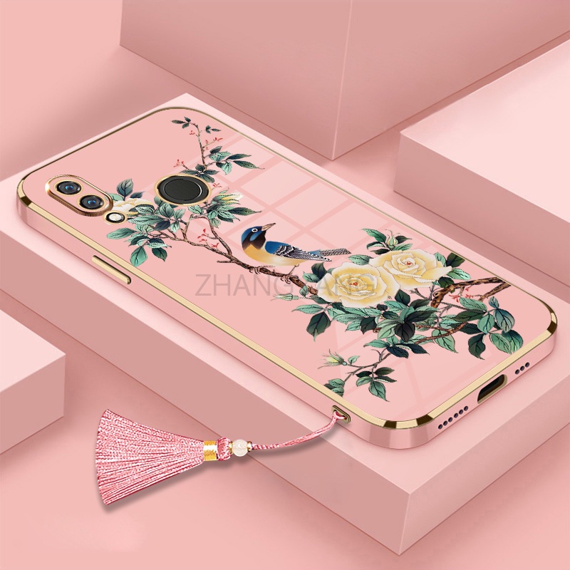 ốp lưng Huawei y7 2019 y7 prime 2019 y7 pro y6 2019 y6s y6 pro 2019 Vỏ điện thoại di động TPU hoa văn chim và hoa được mạ điện có dây buộc tua