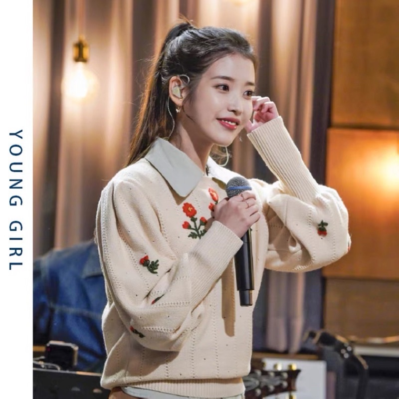Áo pull hoa mai dệt kim len IU thêu hoa mặc ngoài rộng rãi