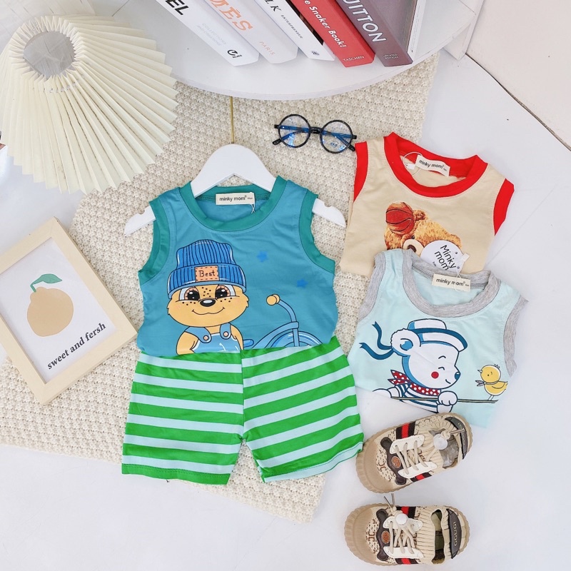 NT178 Bộ ba lỗ, sát nách thun lạnh Minky Mom phối màu hoạ tiết con vật dễ thương cho bé trai, bé gái