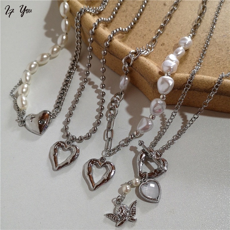Vòng cổ AY màu bạc mặt trái tim đính ngọc trai nhân tạo thời trang xinh xắn