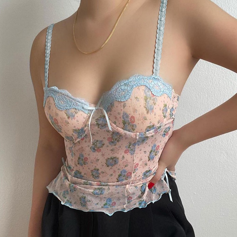 Áo Hai Dây Phối Ren Lưới Họa Tiết Hoa Thời Trang Mùa Hè Cho Nữ